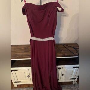 Elegant Burgundy Maxi Dress with Sparkling Waist Detail and train